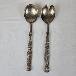 Vintage Silea Silver Plate Salad Servers Tassel Look Handles Heavy Weight